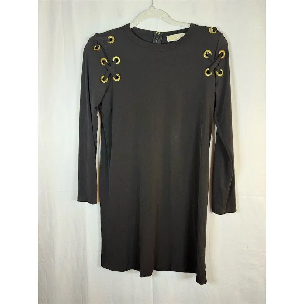 Michael Kors Dress Womens Size S Black Long Sleeve Shift Gold Grommet
